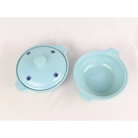 Set of 2 Blue Tulip Pottery Bowls | MCM Blue Crock Pot Individual Casserole Soup - Picture 3 of 9